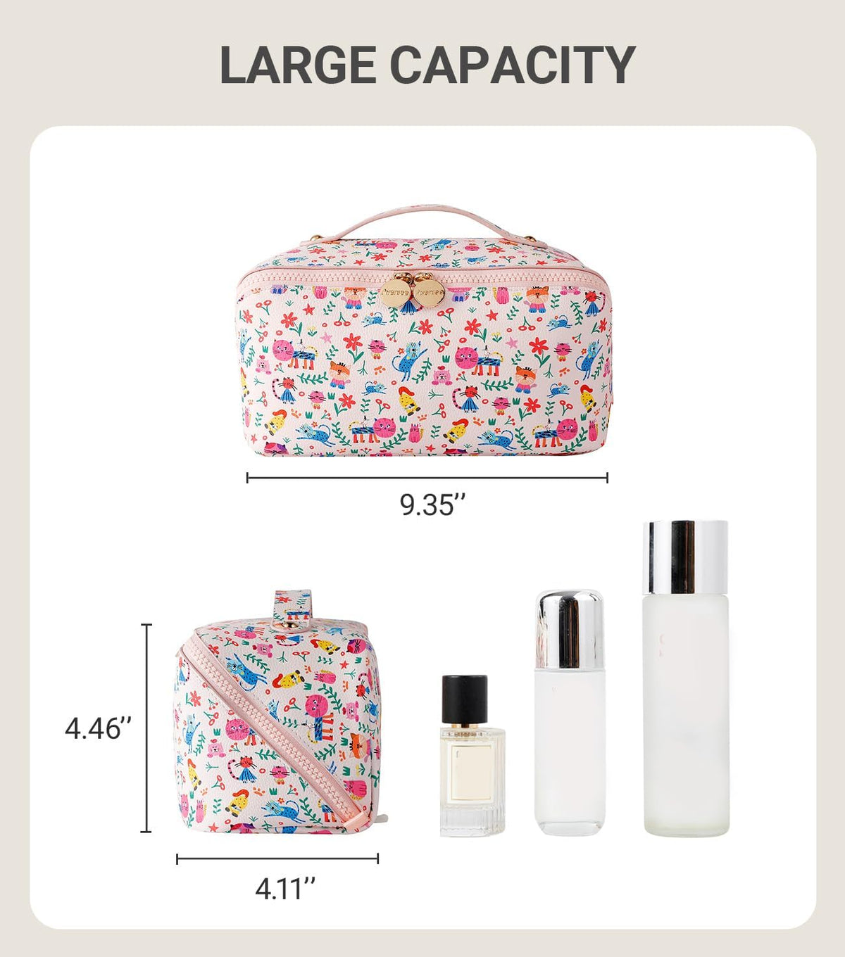 Travel Makeup Bag for Women, Large Cosmetic Organizer with Open-Flat Design, Clear Divider & Handle - Waterproof PU Leather Toiletry Case (Floral Pattern)