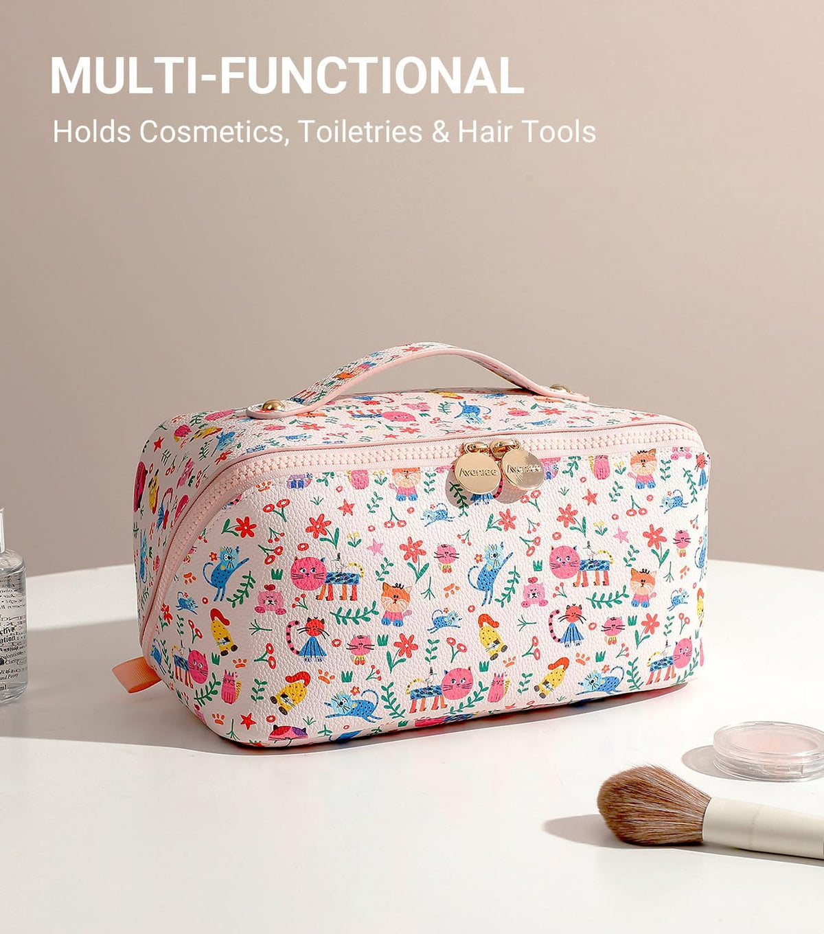 Travel Makeup Bag for Women, Large Cosmetic Organizer with Open-Flat Design, Clear Divider & Handle - Waterproof PU Leather Toiletry Case (Floral Pattern)