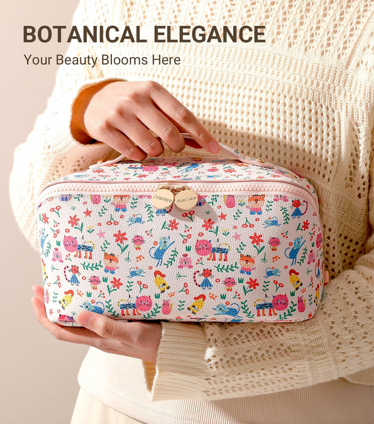 Travel Makeup Bag for Women, Large Cosmetic Organizer with Open-Flat Design, Clear Divider & Handle - Waterproof PU Leather Toiletry Case (Floral Pattern)
