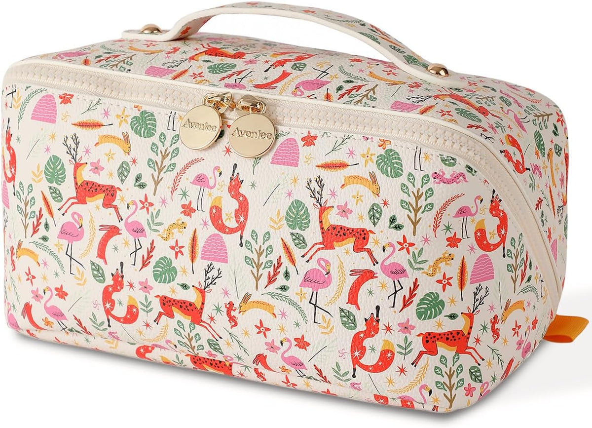 Travel Makeup Bag for Women, Large Cosmetic Organizer with Open-Flat Design, Clear Divider & Handle - Waterproof PU Leather Toiletry Case (Floral Pattern)