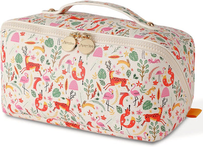 Travel Makeup Bag for Women, Large Cosmetic Organizer with Open-Flat Design, Clear Divider & Handle - Waterproof PU Leather Toiletry Case (Floral Pattern)