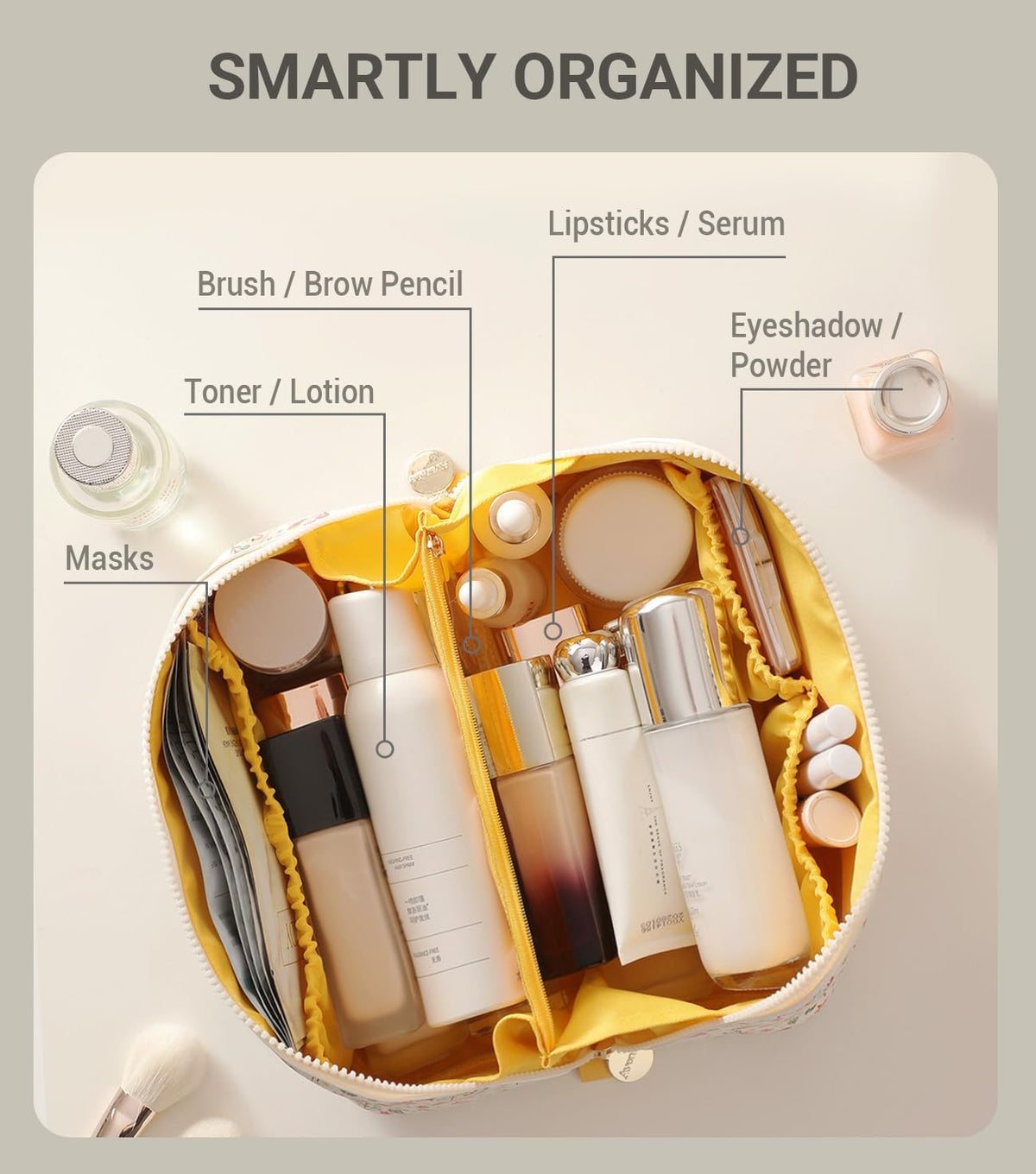 Travel Makeup Bag for Women, Large Cosmetic Organizer with Open-Flat Design, Clear Divider & Handle - Waterproof PU Leather Toiletry Case (Floral Pattern)