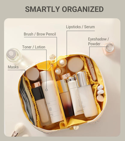 Travel Makeup Bag for Women, Large Cosmetic Organizer with Open-Flat Design, Clear Divider & Handle - Waterproof PU Leather Toiletry Case (Floral Pattern)