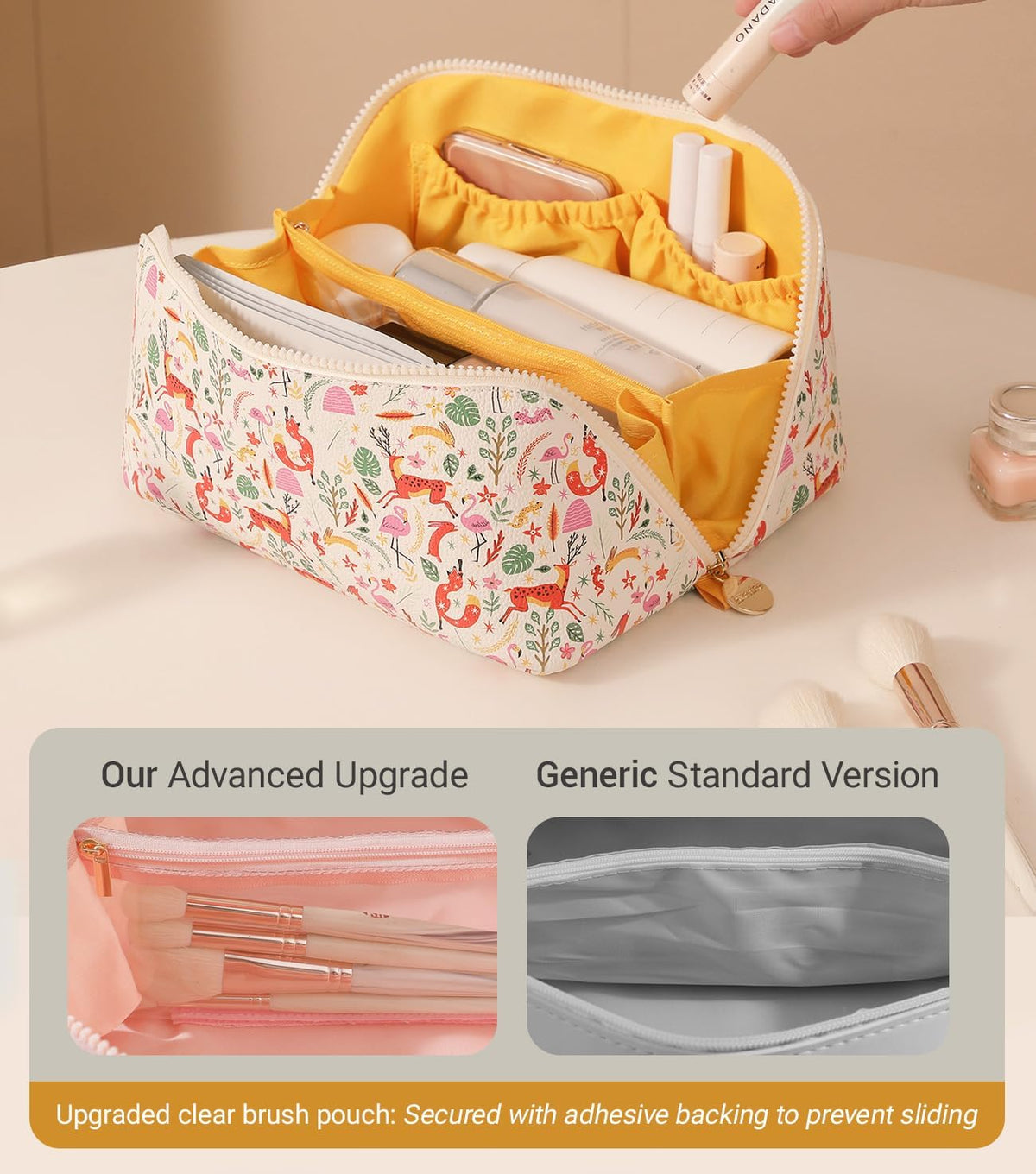 Travel Makeup Bag for Women, Large Cosmetic Organizer with Open-Flat Design, Clear Divider & Handle - Waterproof PU Leather Toiletry Case (Floral Pattern)
