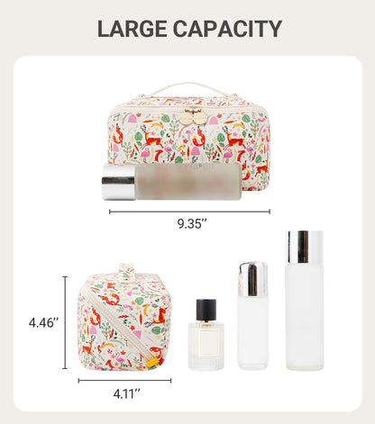 Travel Makeup Bag for Women, Large Cosmetic Organizer with Open-Flat Design, Clear Divider & Handle - Waterproof PU Leather Toiletry Case (Floral Pattern)