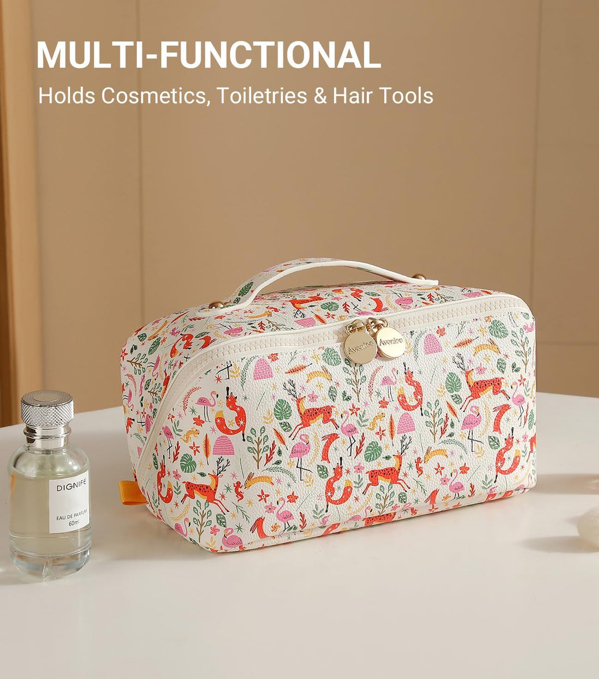 Travel Makeup Bag for Women, Large Cosmetic Organizer with Open-Flat Design, Clear Divider & Handle - Waterproof PU Leather Toiletry Case (Floral Pattern)