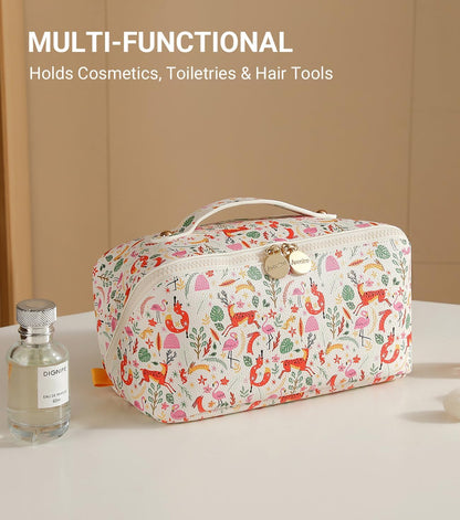 Travel Makeup Bag for Women, Large Cosmetic Organizer with Open-Flat Design, Clear Divider & Handle - Waterproof PU Leather Toiletry Case (Floral Pattern)