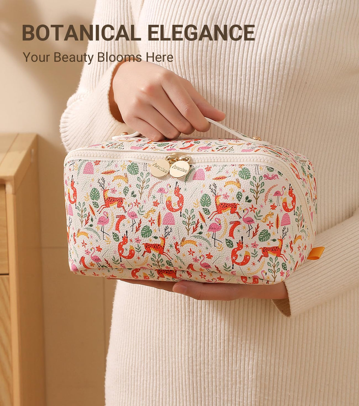 Travel Makeup Bag for Women, Large Cosmetic Organizer with Open-Flat Design, Clear Divider & Handle - Waterproof PU Leather Toiletry Case (Floral Pattern)