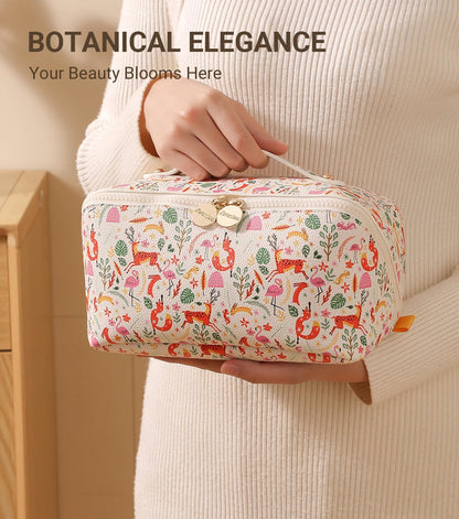 Travel Makeup Bag for Women, Large Cosmetic Organizer with Open-Flat Design, Clear Divider & Handle - Waterproof PU Leather Toiletry Case (Floral Pattern)