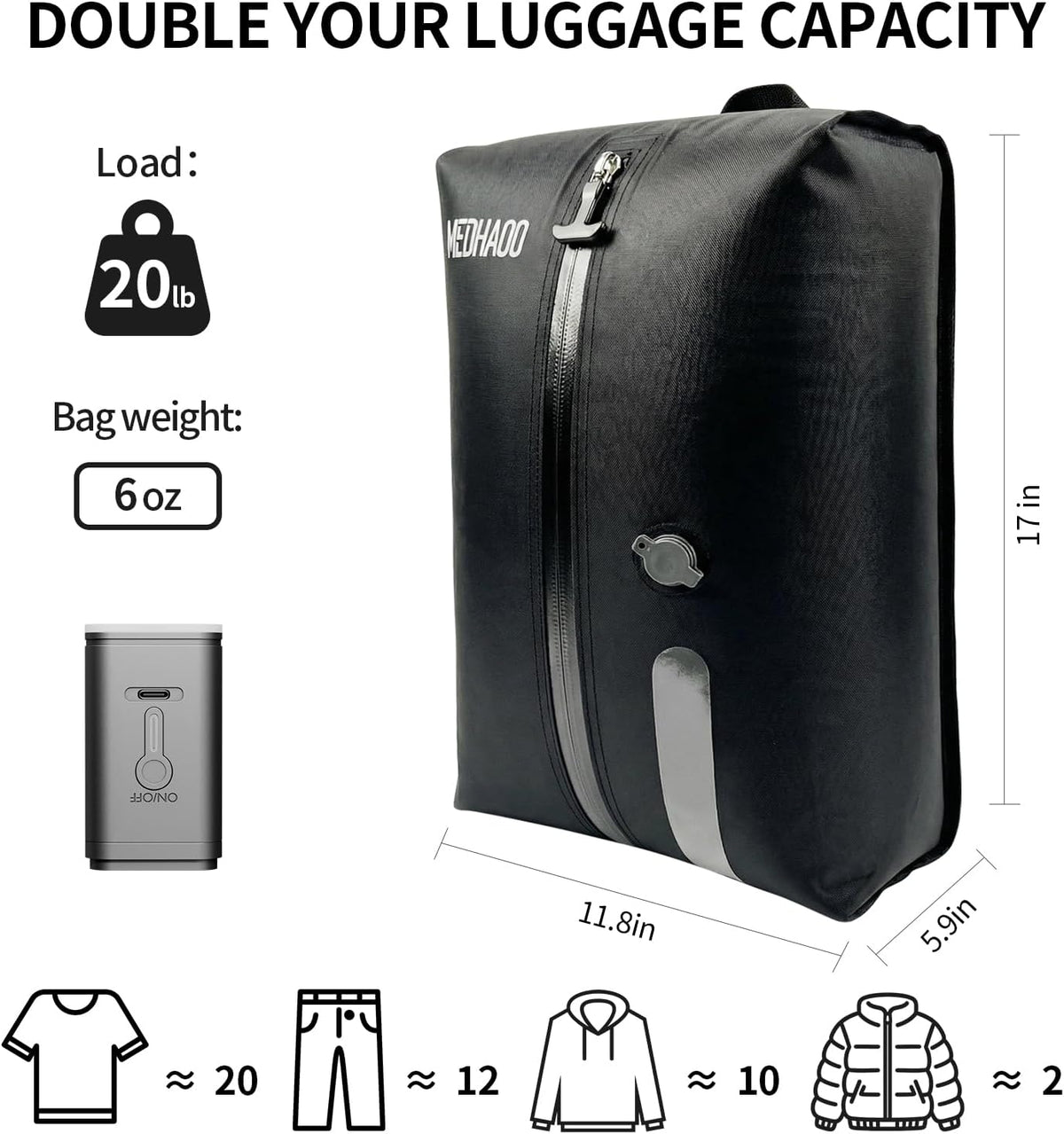 Luggage with Wireless Pump, Compression Bags for Carry On Suitcases and Backpack, Vacuum Seal Packing cube for Cloth Packing(+ PUMP)
