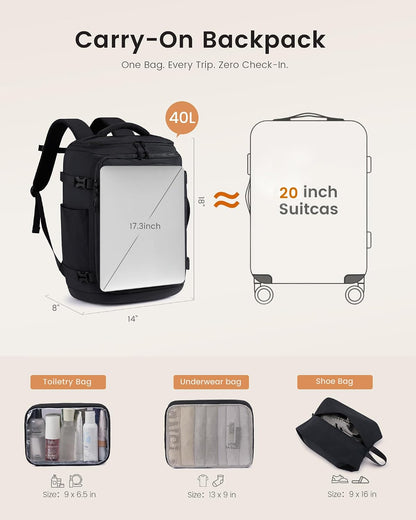 Travel Backpack for Women & Men, 40L TSA Approved Carry On Backpack with 3 Packing Cubes, Waterproof Weekender Overnight Bag for 2-4 Day Trips, Business & Travel Essentials, Slate Green-Black