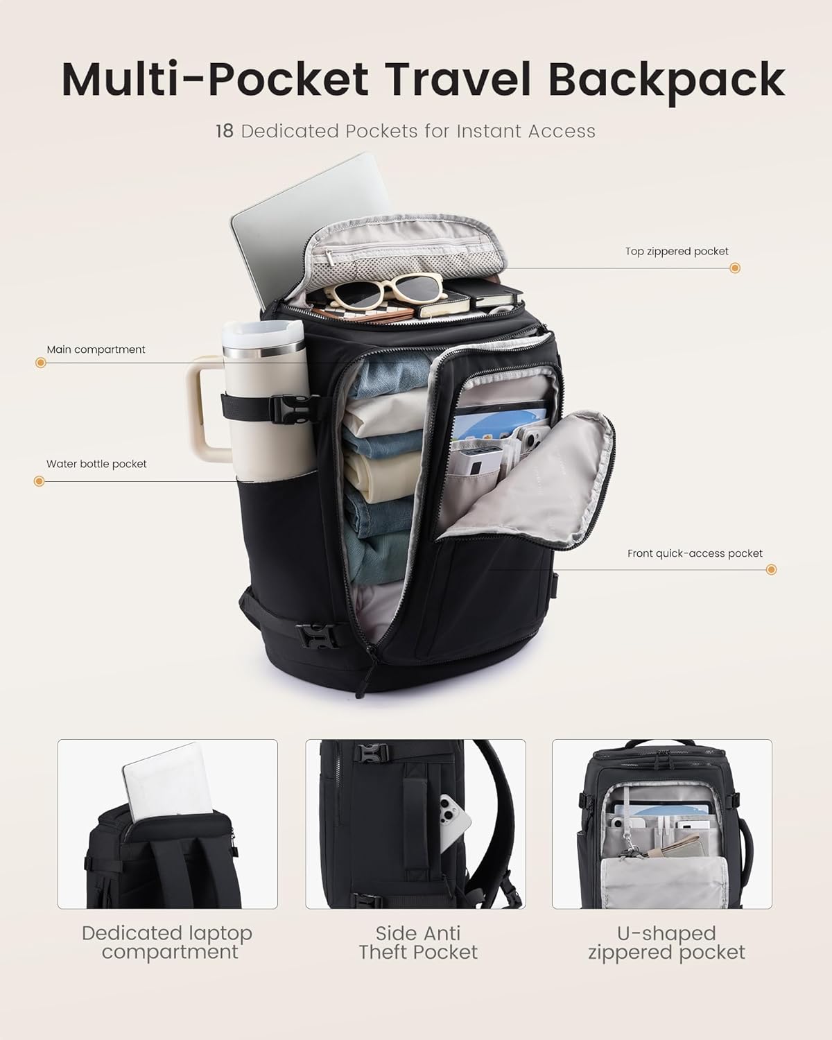 Travel Backpack for Women & Men, 40L TSA Approved Carry On Backpack with 3 Packing Cubes, Waterproof Weekender Overnight Bag for 2-4 Day Trips, Business & Travel Essentials, Slate Green-Black