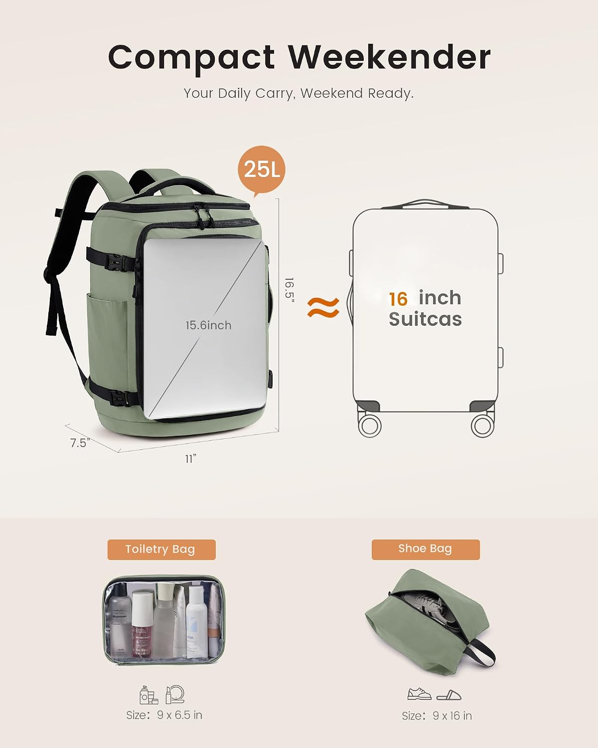 Travel Backpack for Women & Men, 40L TSA Approved Carry On Backpack with 3 Packing Cubes, Waterproof Weekender Overnight Bag for 2-4 Day Trips, Business & Travel Essentials, Slate Green-Black