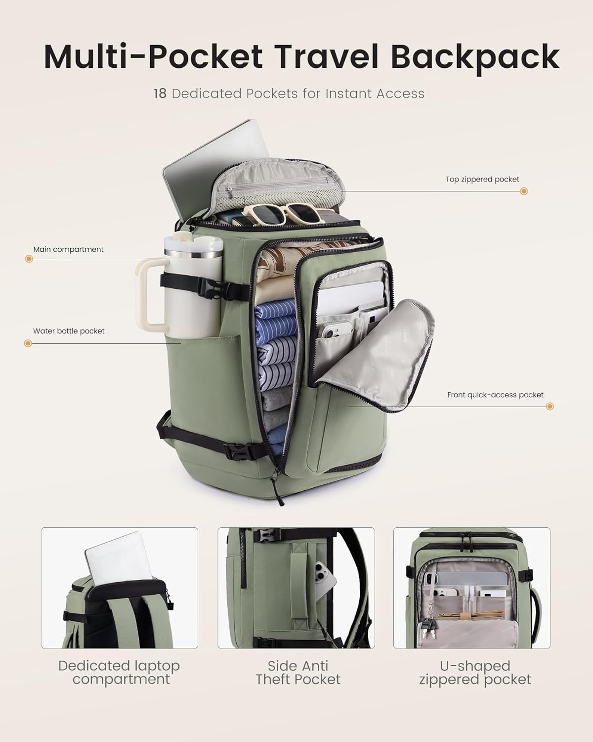 Travel Backpack for Women & Men, 40L TSA Approved Carry On Backpack with 3 Packing Cubes, Waterproof Weekender Overnight Bag for 2-4 Day Trips, Business & Travel Essentials, Slate Green-Black