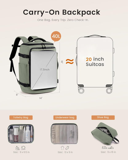 Travel Backpack for Women & Men, 40L TSA Approved Carry On Backpack with 3 Packing Cubes, Waterproof Weekender Overnight Bag for 2-4 Day Trips, Business & Travel Essentials, Slate Green-Black