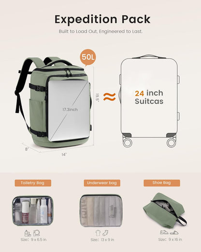 Travel Backpack for Women & Men, 40L TSA Approved Carry On Backpack with 3 Packing Cubes, Waterproof Weekender Overnight Bag for 2-4 Day Trips, Business & Travel Essentials, Slate Green-Black