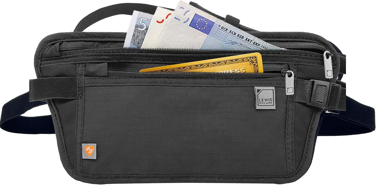 Travel Money Belt Pouch, Slim RFID Blocking Anti Theft Waist Stash Pouches for Cash, Cards and Passport Holder