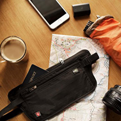 Travel Money Belt Pouch, Slim RFID Blocking Anti Theft Waist Stash Pouches for Cash, Cards and Passport Holder