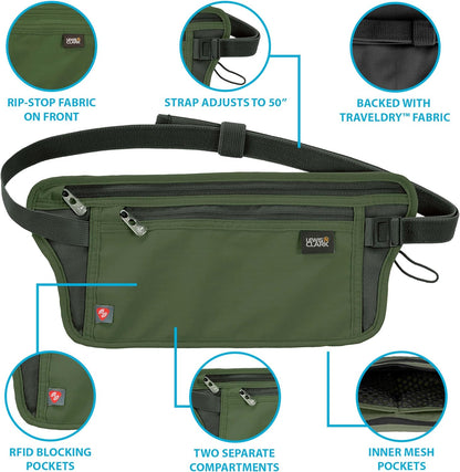 Travel Money Belt Pouch, Slim RFID Blocking Anti Theft Waist Stash Pouches for Cash, Cards and Passport Holder