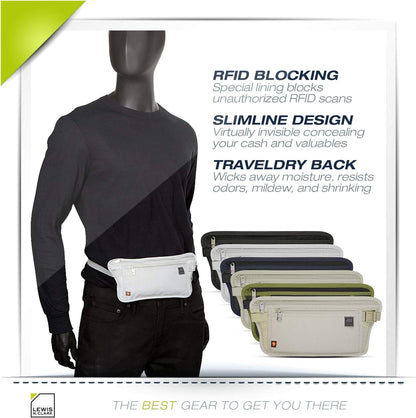 Travel Money Belt Pouch, Slim RFID Blocking Anti Theft Waist Stash Pouches for Cash, Cards and Passport Holder