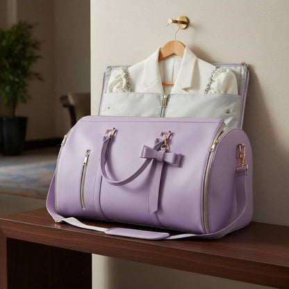 Convertible Garment Duffel Wrinkle Bow Duffel Bag Portable Weekender Bag for Weekend Trip, Purple, Purple