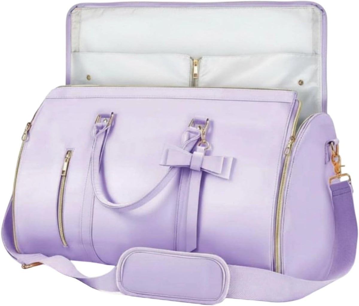 Convertible Garment Duffel Wrinkle Bow Duffel Bag Portable Weekender Bag for Weekend Trip, Purple, Purple