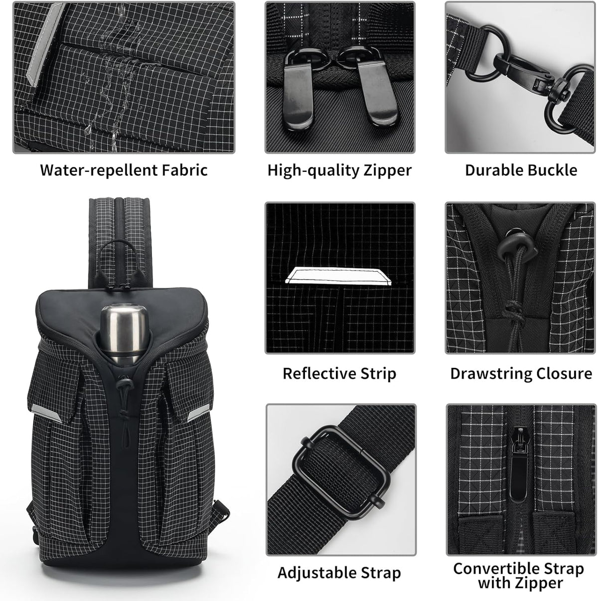 Crossbody Sling Bag for Men & Women,Convertible Sling Backpack Shoulder Chest Bag for Daypack Travel Hiking (Black)