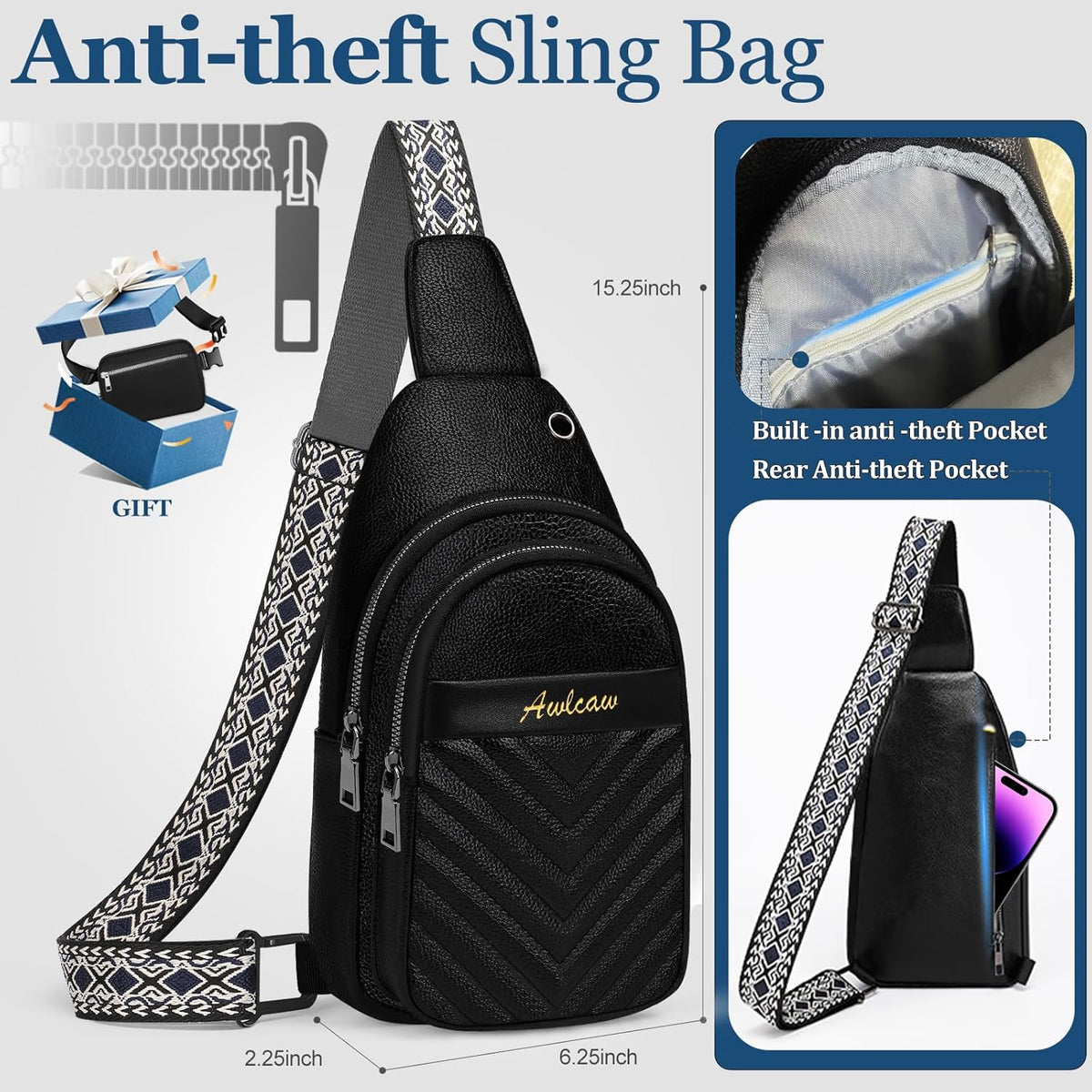 Sling Bag for Women, Leather Crossbody Bag Sling Bag Crossbody Backpack for Travel Sports Running Hiking for Man Woman