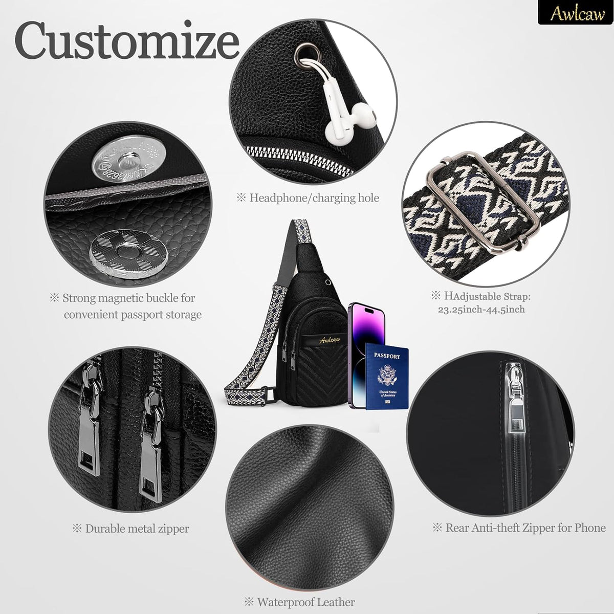 Sling Bag for Women, Leather Crossbody Bag Sling Bag Crossbody Backpack for Travel Sports Running Hiking for Man Woman