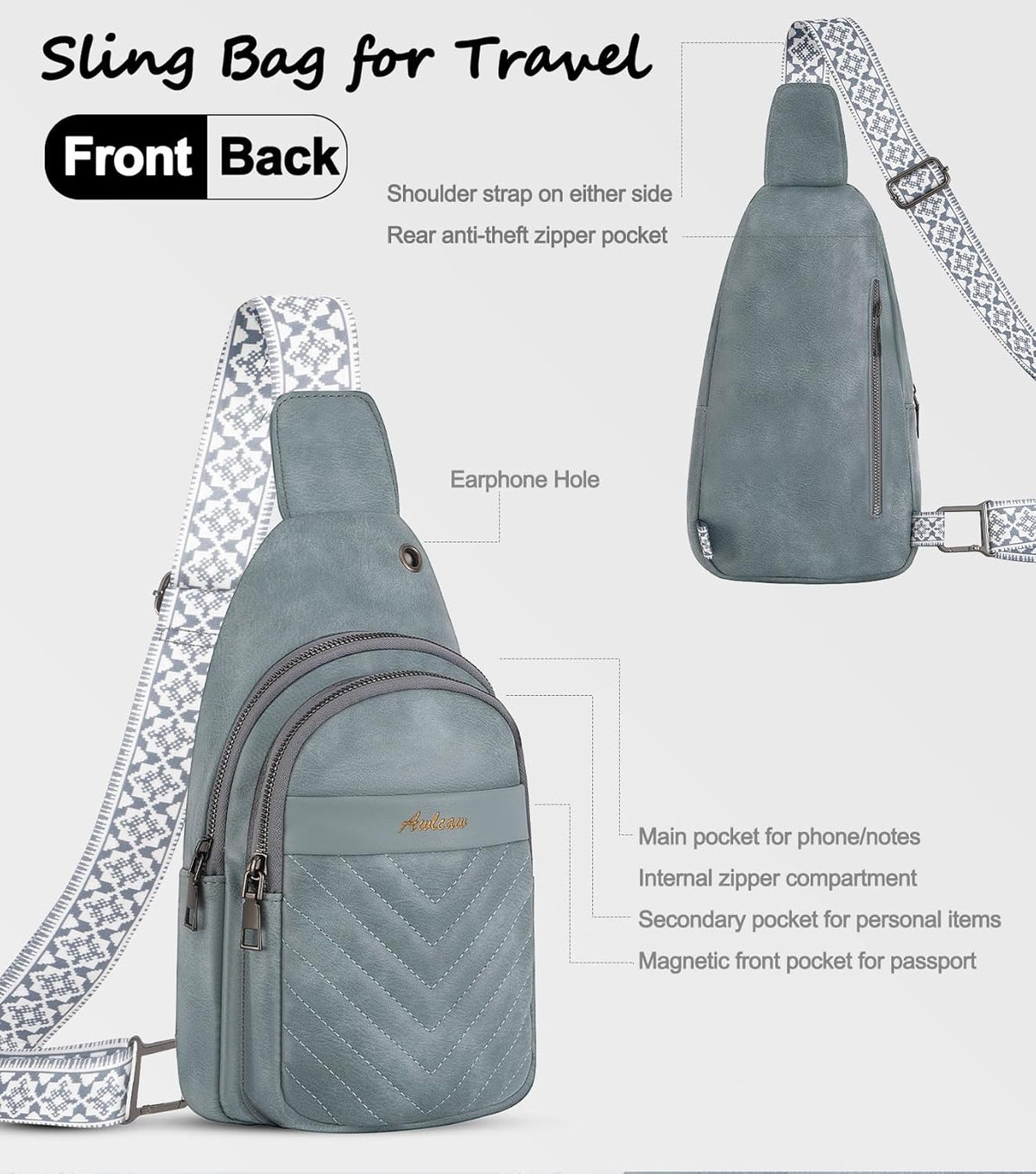 Sling Bag for Women, Leather Crossbody Bag Sling Bag Crossbody Backpack for Travel Sports Running Hiking for Man Woman