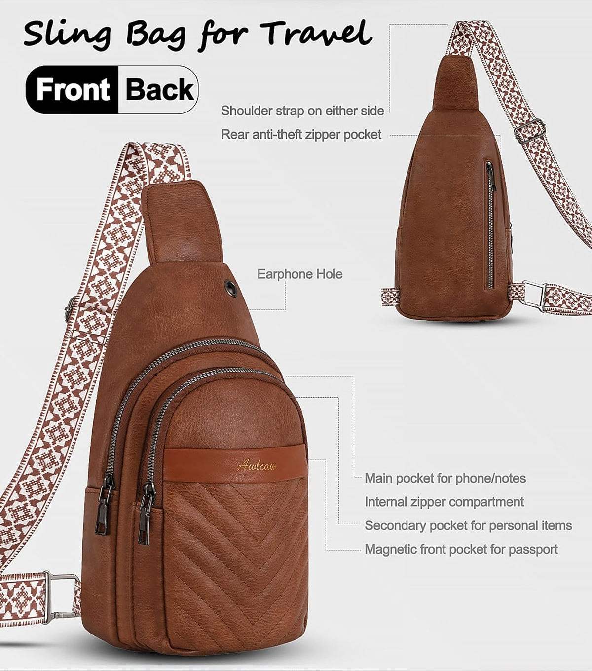 Sling Bag for Women, Leather Crossbody Bag Sling Bag Crossbody Backpack for Travel Sports Running Hiking for Man Woman