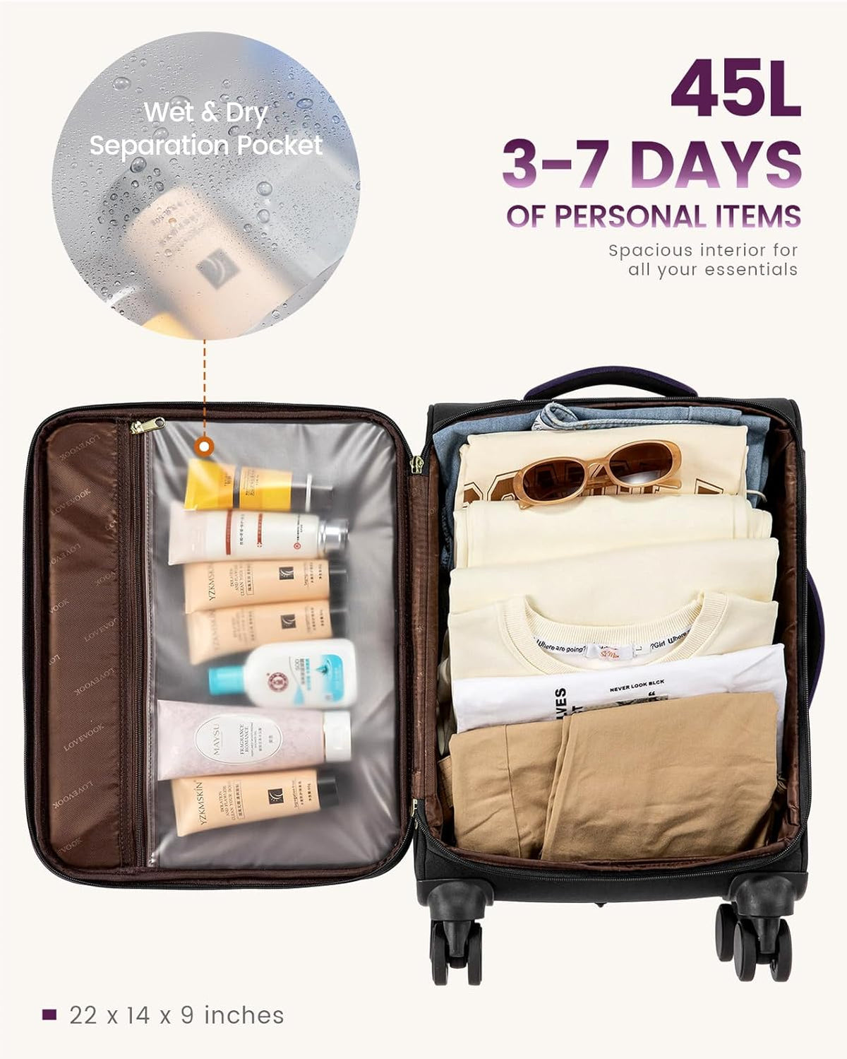5 Pcs Carry On Luggage 22x14x9 Airline Approved with 40L Laptop Travel Backpack, 20 Inch Carry On Suitcases with Wheels, Rolling Suitcase for Women Men, with TSA Lock Weekender Luggage