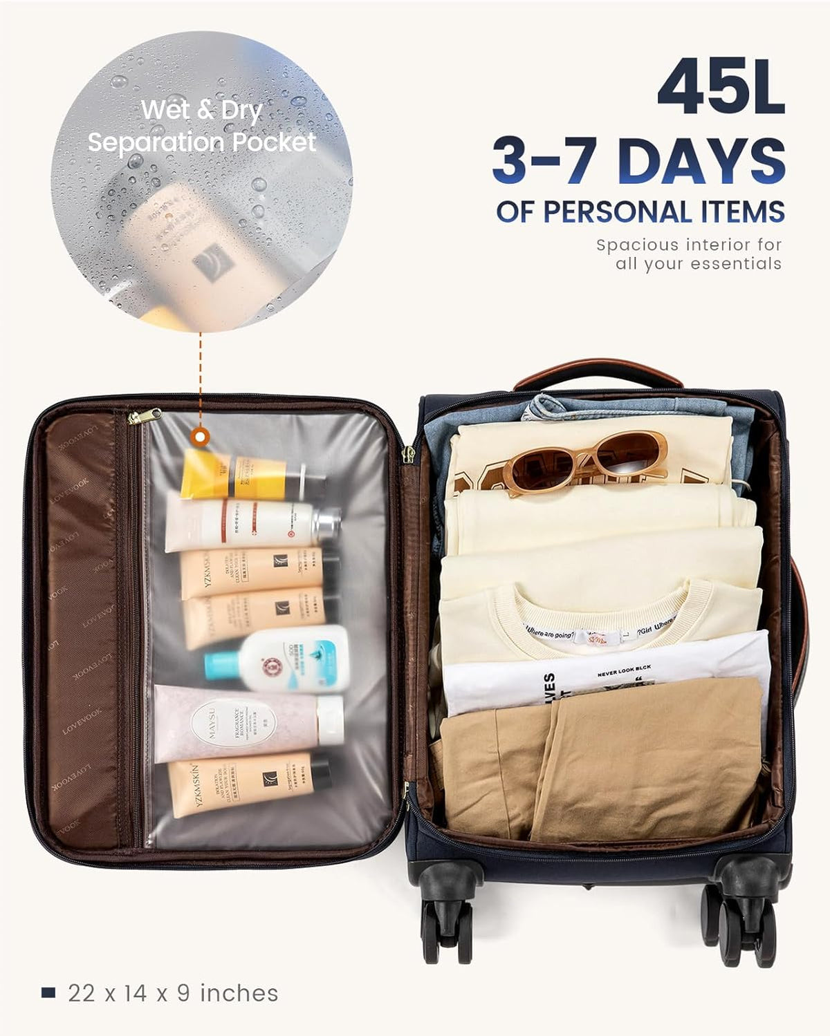 5 Pcs Carry On Luggage 22x14x9 Airline Approved with 40L Laptop Travel Backpack, 20 Inch Carry On Suitcases with Wheels, Rolling Suitcase for Women Men, with TSA Lock Weekender Luggage