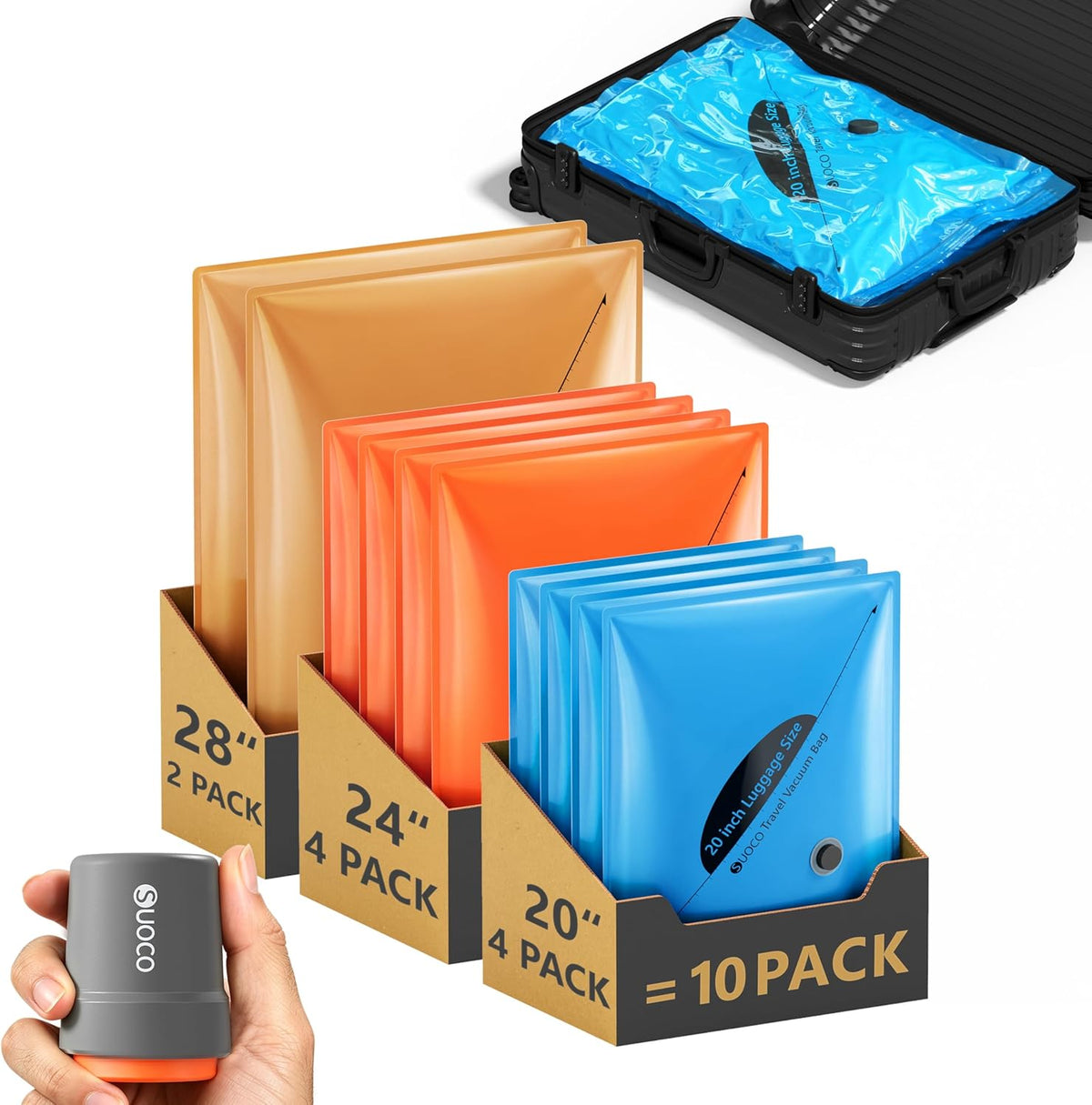 Vacuum Seal Bags for Clothing Travel with Wireless Pump, 3 Sizes (20/24/28 Inch) Compression Packing Cubes for Luggage Suitcase
