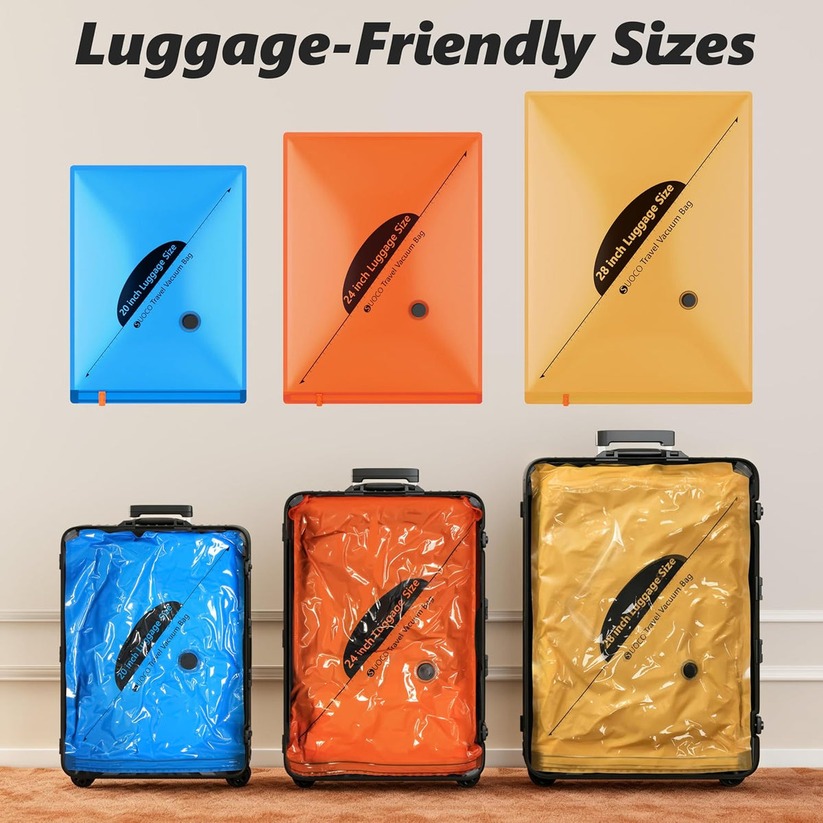 Vacuum Seal Bags for Clothing Travel with Wireless Pump, 3 Sizes (20/24/28 Inch) Compression Packing Cubes for Luggage Suitcase