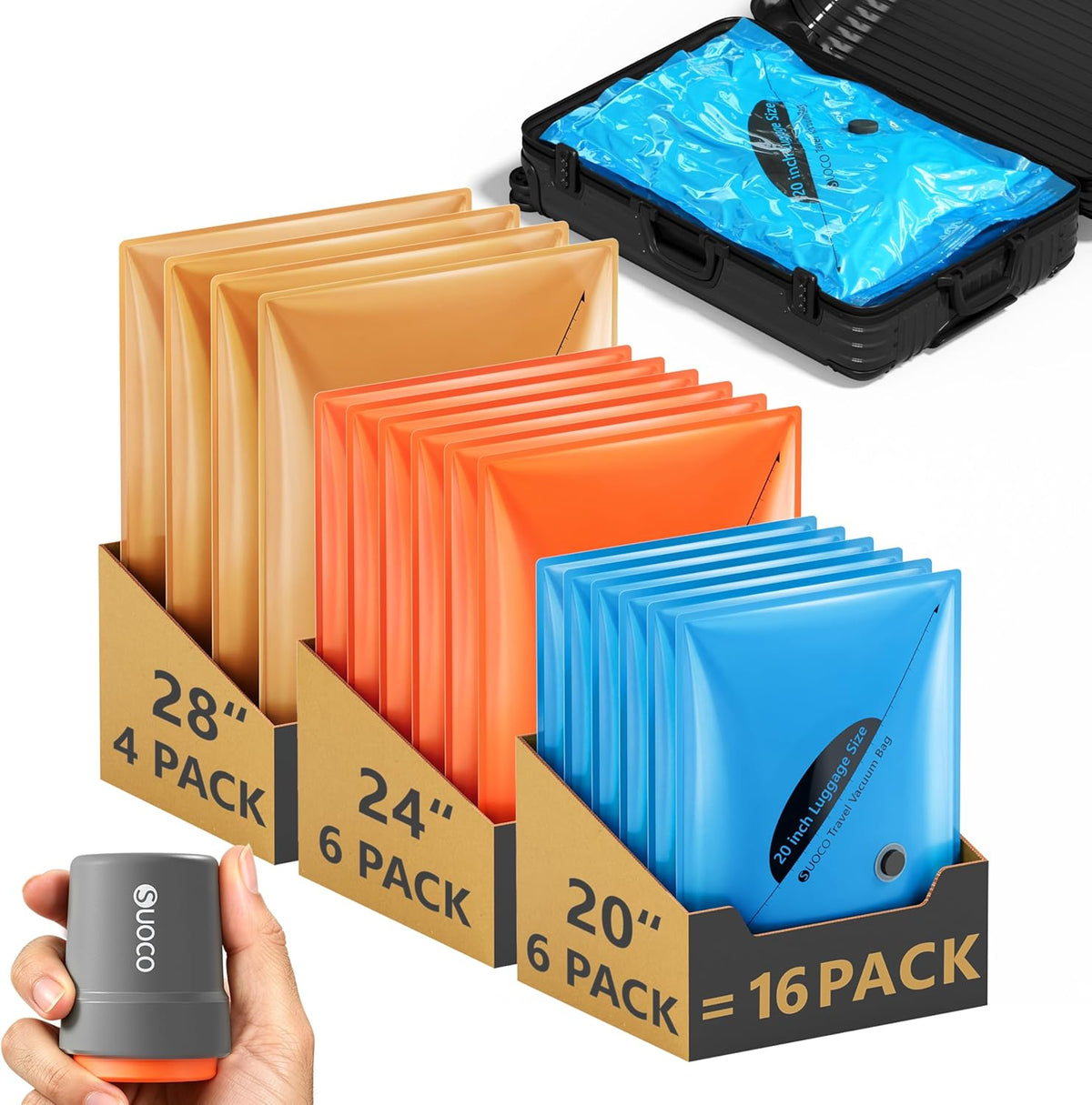 Vacuum Seal Bags for Clothing Travel with Wireless Pump, 3 Sizes (20/24/28 Inch) Compression Packing Cubes for Luggage Suitcase