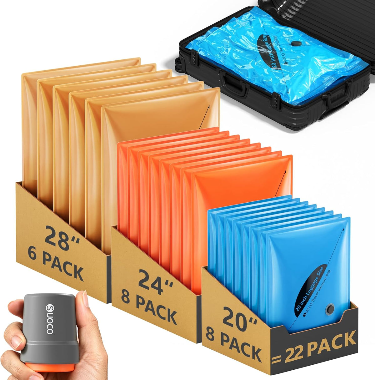 Vacuum Seal Bags for Clothing Travel with Wireless Pump, 3 Sizes (20/24/28 Inch) Compression Packing Cubes for Luggage Suitcase