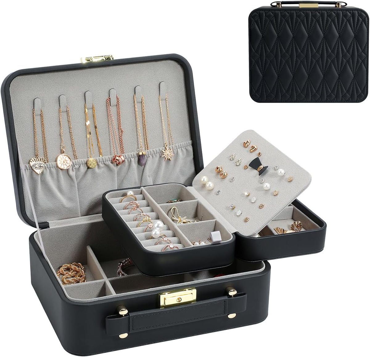 Travel Jewelry Case Large Jewelry Box Jewelry Travel Organizer Jewelry Case with Handle Removable Tray Best Gift for Women Girls (Grey)