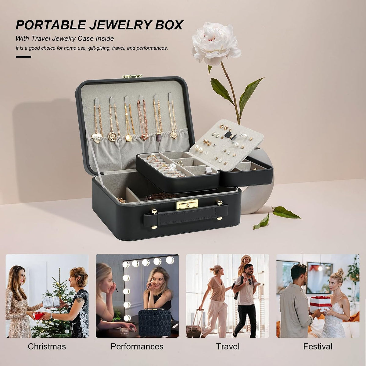Travel Jewelry Case Large Jewelry Box Jewelry Travel Organizer Jewelry Case with Handle Removable Tray Best Gift for Women Girls (Grey)