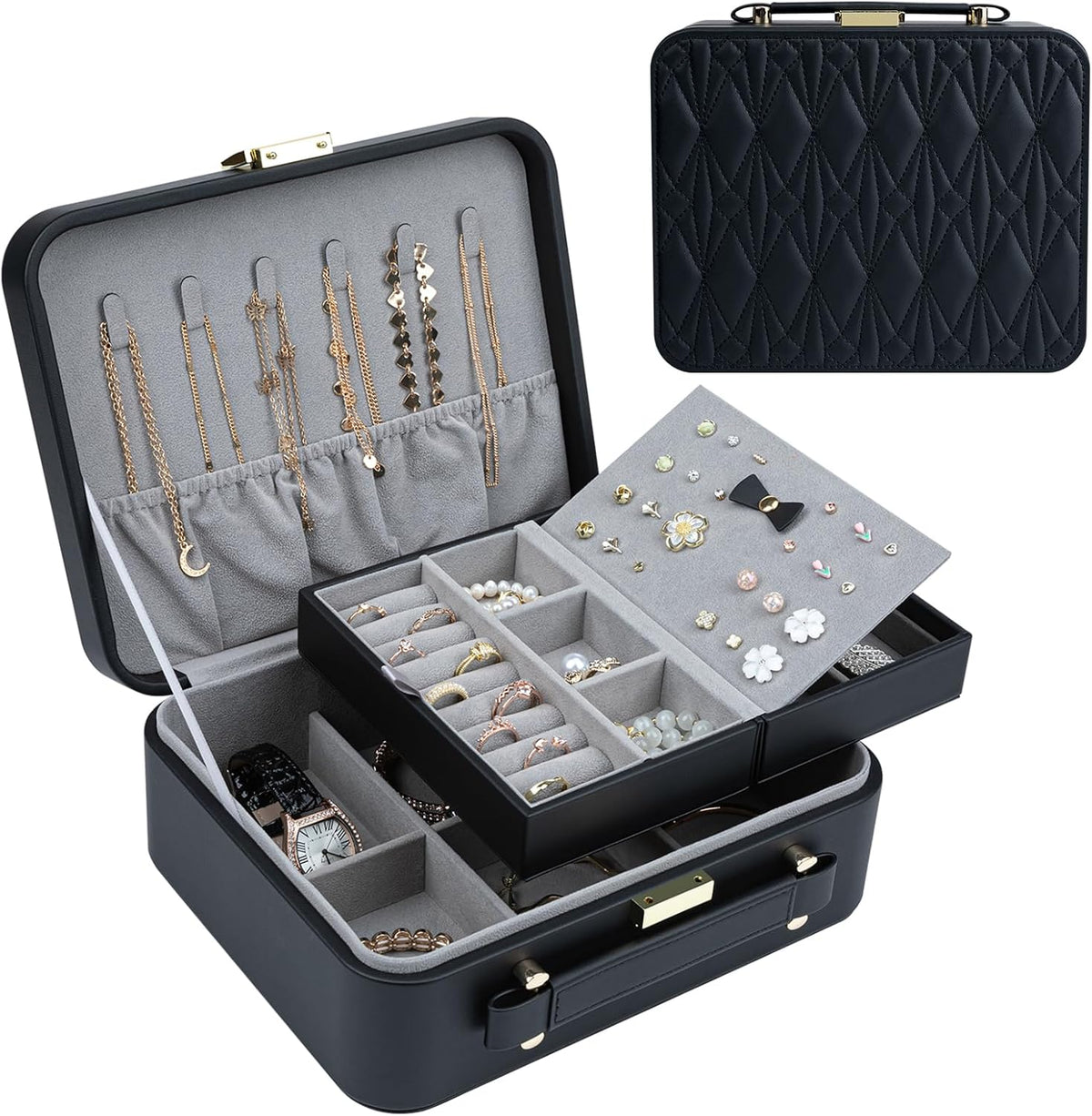 Travel Jewelry Case Large Jewelry Box Jewelry Travel Organizer Jewelry Case with Handle Removable Tray Best Gift for Women Girls (Grey)