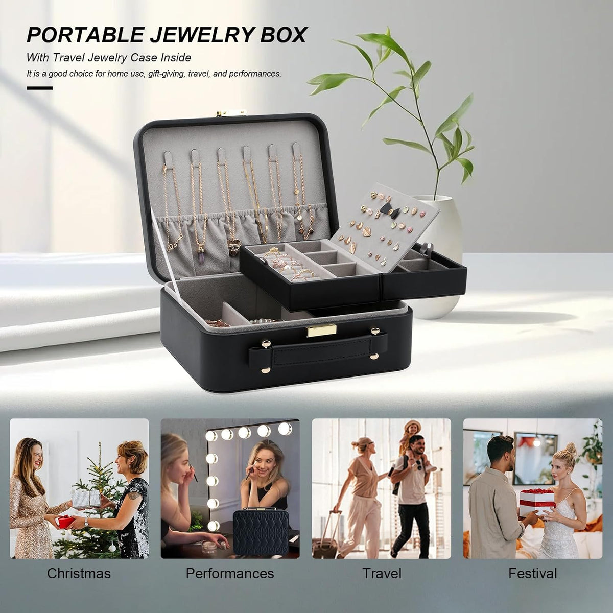 Travel Jewelry Case Large Jewelry Box Jewelry Travel Organizer Jewelry Case with Handle Removable Tray Best Gift for Women Girls (Grey)