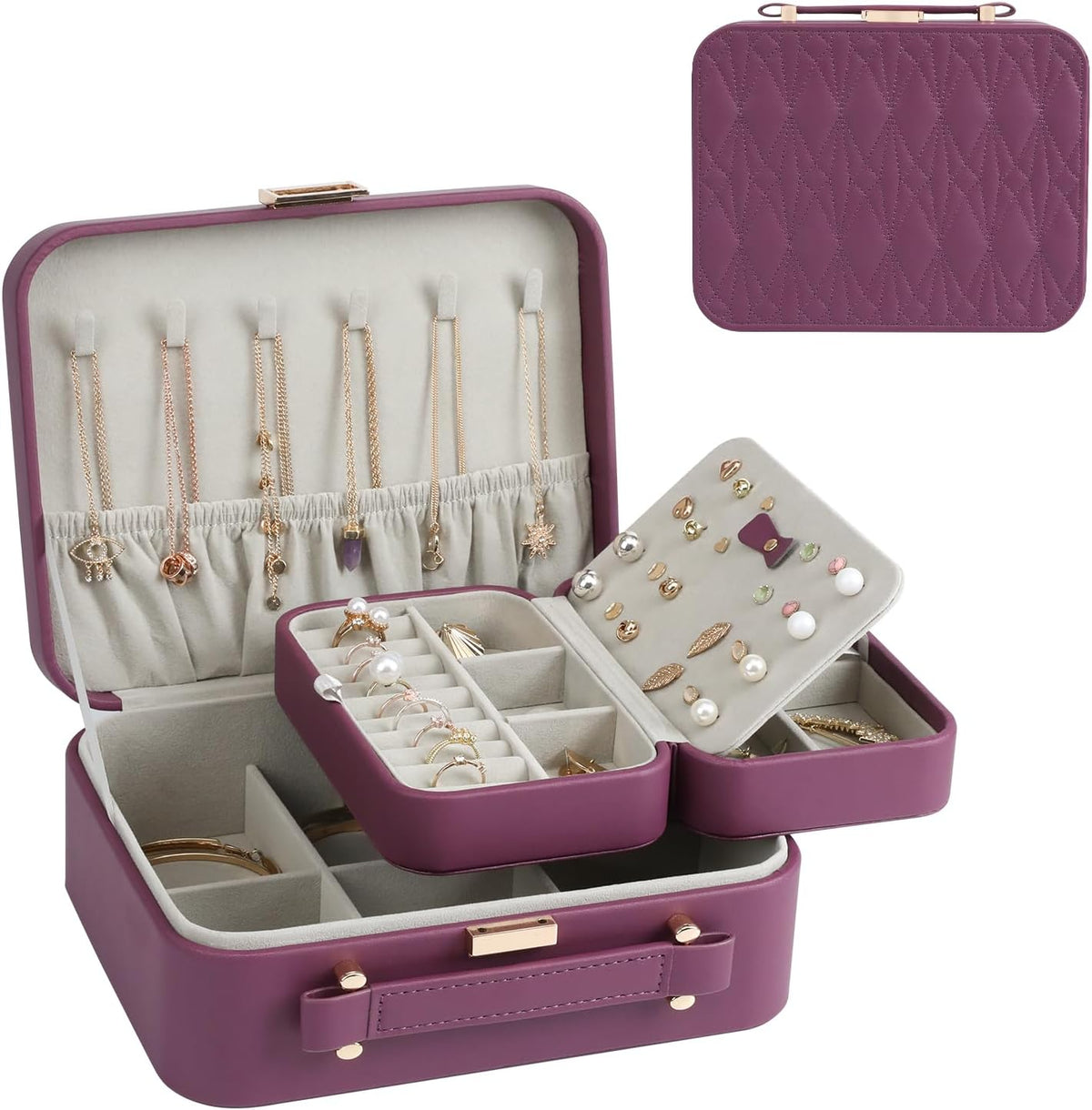 Travel Jewelry Case Large Jewelry Box Jewelry Travel Organizer Jewelry Case with Handle Removable Tray Best Gift for Women Girls (Grey)