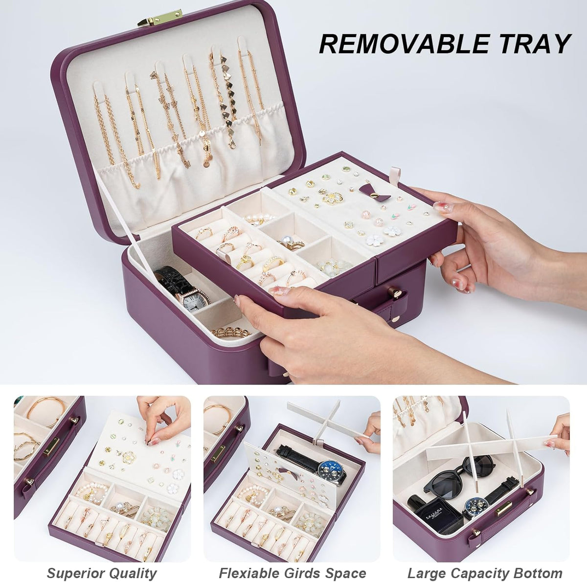 Travel Jewelry Case Large Jewelry Box Jewelry Travel Organizer Jewelry Case with Handle Removable Tray Best Gift for Women Girls (Grey)