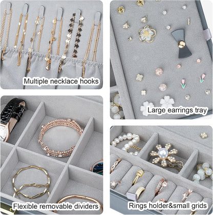 Travel Jewelry Case Large Jewelry Box Jewelry Travel Organizer Jewelry Case with Handle Removable Tray Best Gift for Women Girls (Grey)