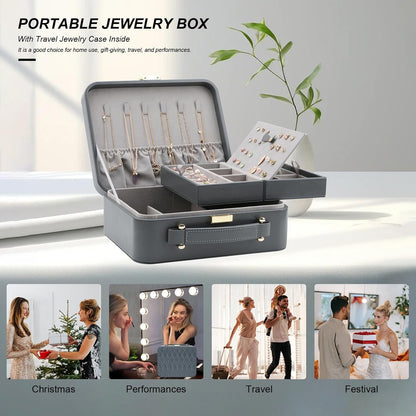 Travel Jewelry Case Large Jewelry Box Jewelry Travel Organizer Jewelry Case with Handle Removable Tray Best Gift for Women Girls (Grey)
