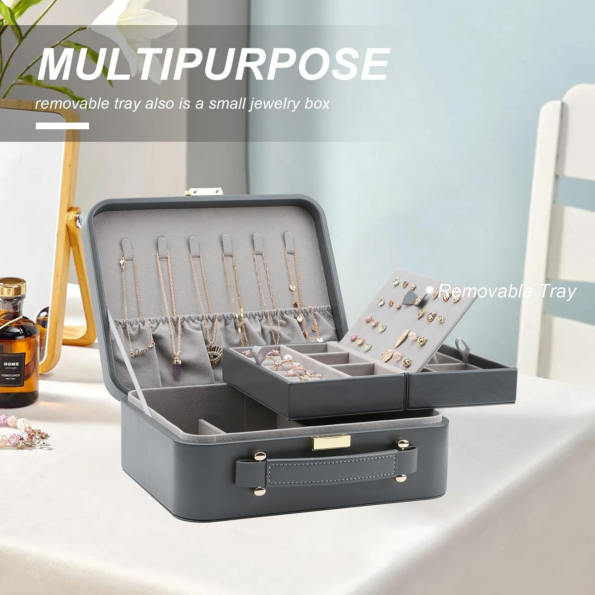 Travel Jewelry Case Large Jewelry Box Jewelry Travel Organizer Jewelry Case with Handle Removable Tray Best Gift for Women Girls (Grey)