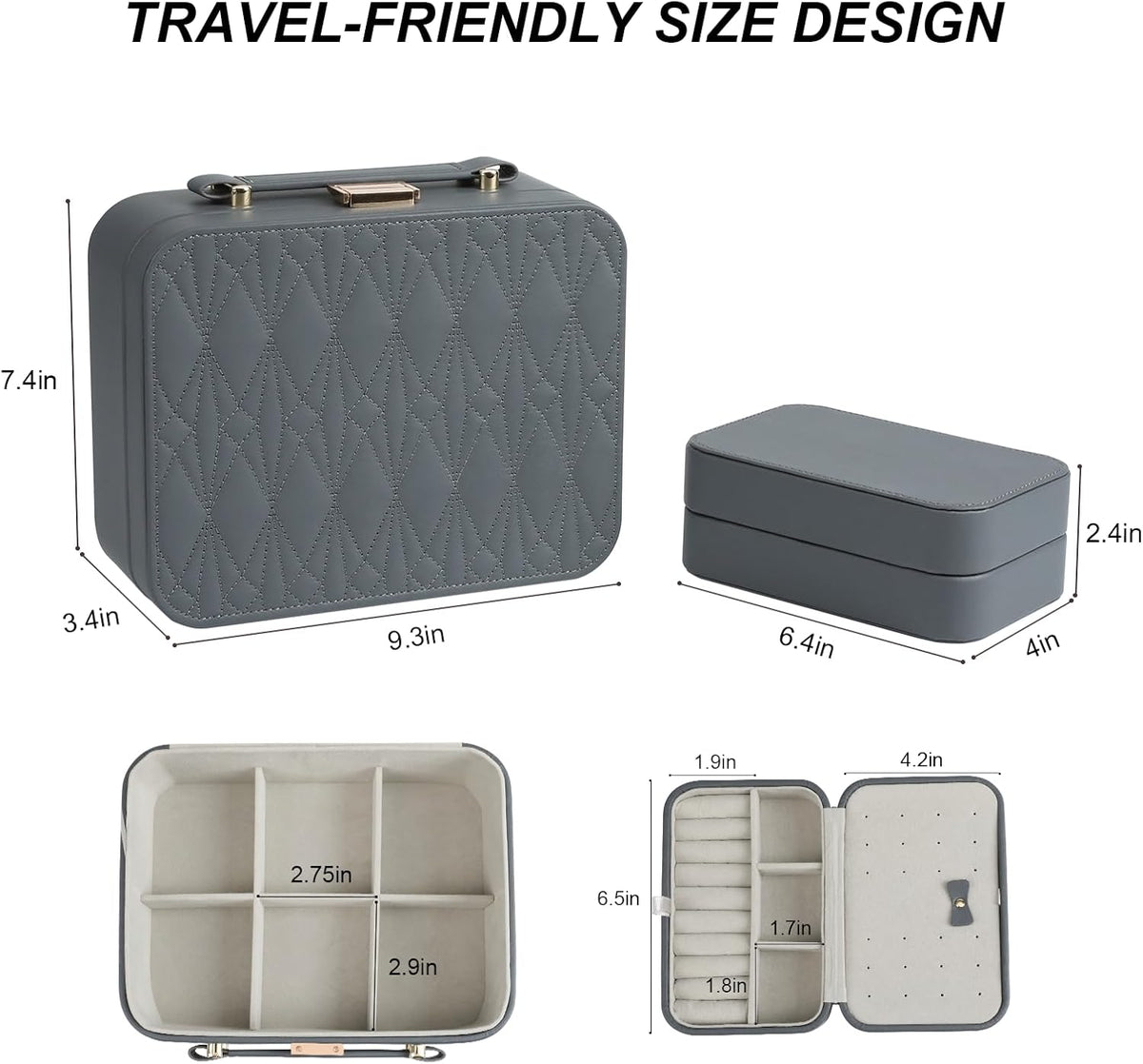 Travel Jewelry Case Large Jewelry Box Jewelry Travel Organizer Jewelry Case with Handle Removable Tray Best Gift for Women Girls (Grey)