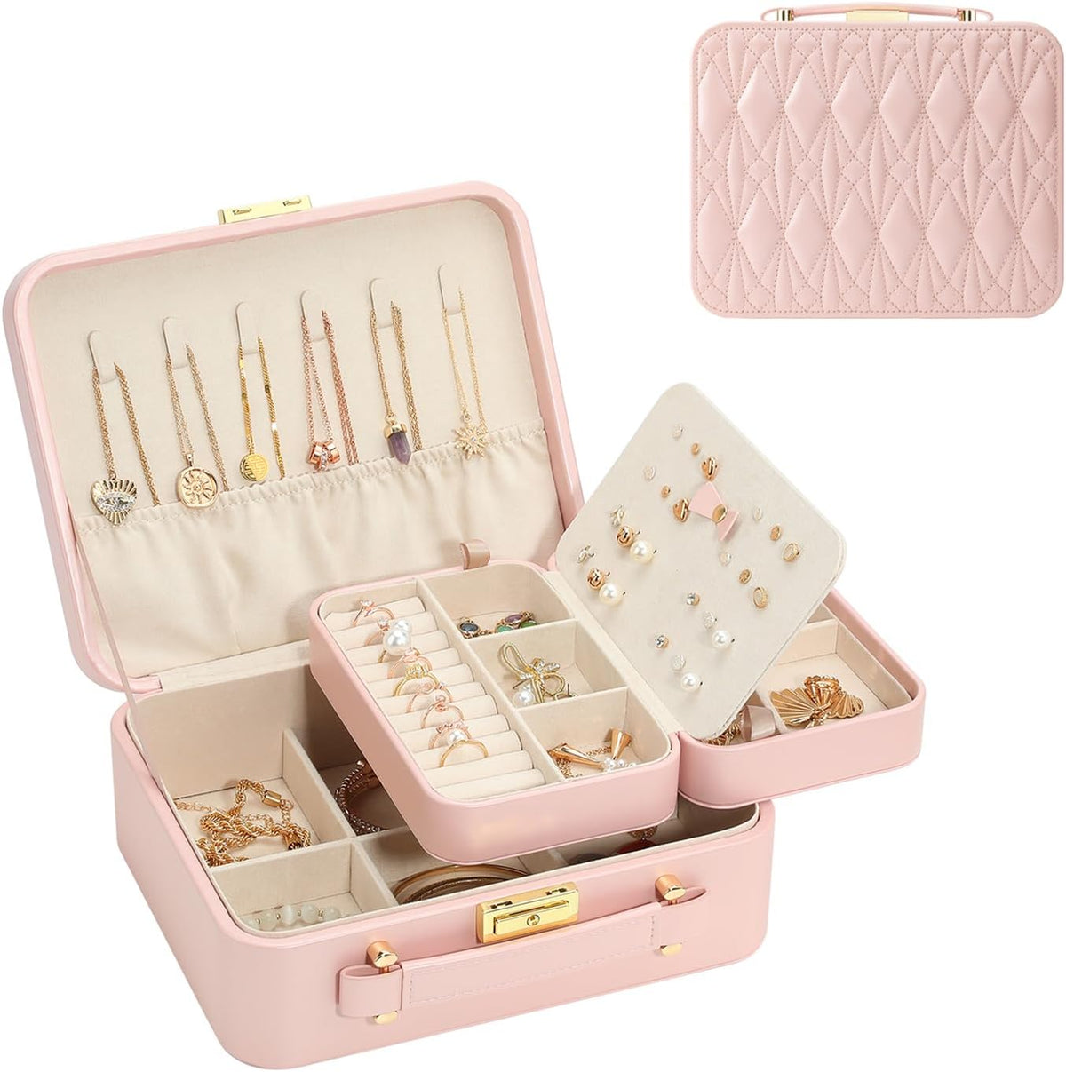 Travel Jewelry Case Large Jewelry Box Jewelry Travel Organizer Jewelry Case with Handle Removable Tray Best Gift for Women Girls (Grey)