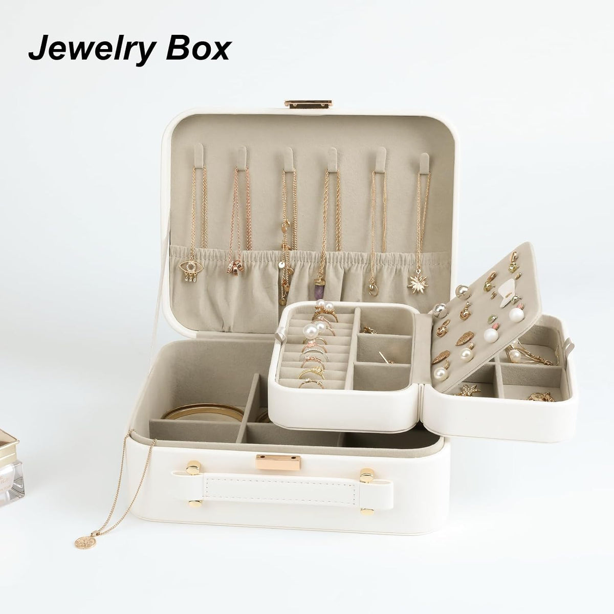 Travel Jewelry Case Large Jewelry Box Jewelry Travel Organizer Jewelry Case with Handle Removable Tray Best Gift for Women Girls (Grey)