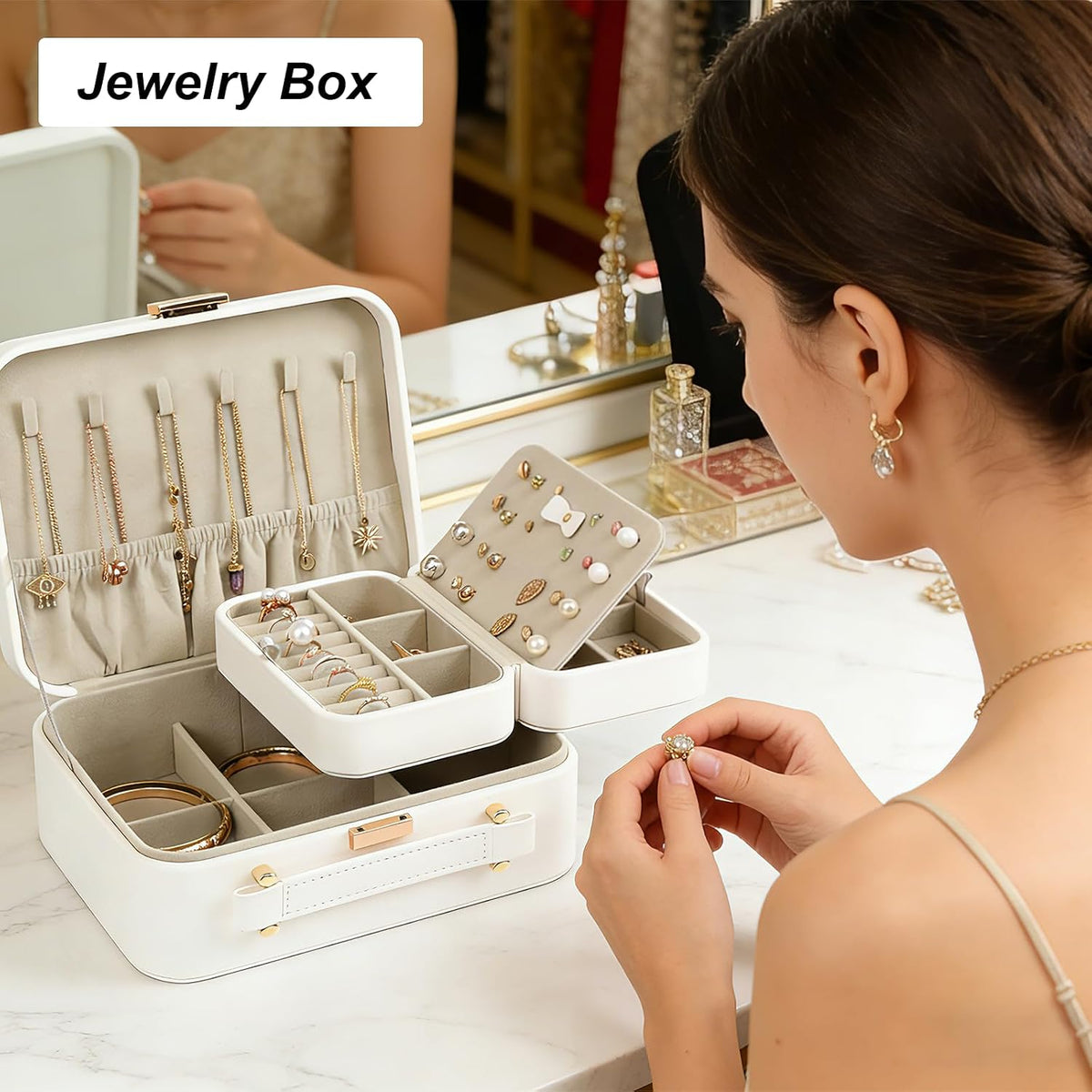 Travel Jewelry Case Large Jewelry Box Jewelry Travel Organizer Jewelry Case with Handle Removable Tray Best Gift for Women Girls (Grey)